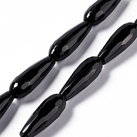 Natural Black Stone Beads Strands, Faceted, Teardrop