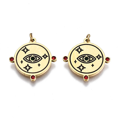 316 colgantes de esmalte de acero inoxidable quirúrgico, con anillas y diamantes de imitación siam, plano redondo con ojo y estrella, negro