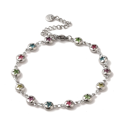 Brass Star Link Chain Bracelets, with Glass