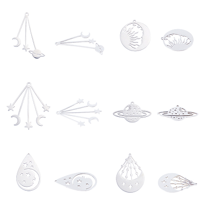 12Pcs 6 Style 201 Stainless Steel Pendants, Laser Cut, Space Theme Mixed Shapes