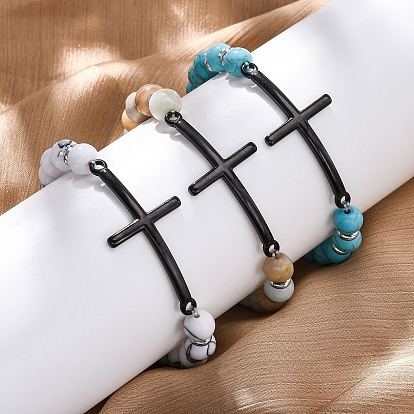 Круглые браслеты из натуральных и синтетических бусин из драгоценных камней, браслеты из нержавеющей стали с поперечными связями для женщин и мужчин, с синтетическим гематитом