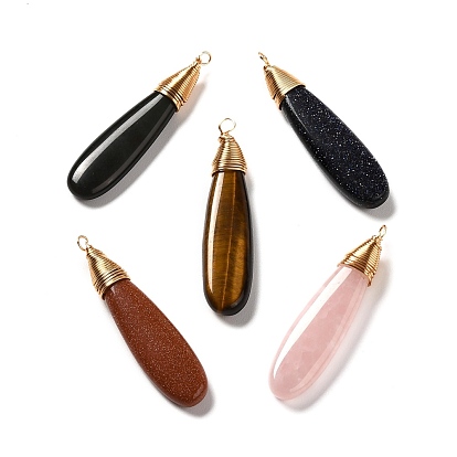 Pendentifs naturels et synthétiques mixtes pierre, avec du vrai fil de cuivre écologique plaqué or 18k, larme