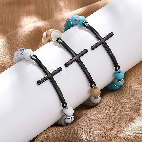 Круглые браслеты из натуральных и синтетических бусин из драгоценных камней, браслеты из нержавеющей стали с поперечными связями для женщин и мужчин, с синтетическим гематитом