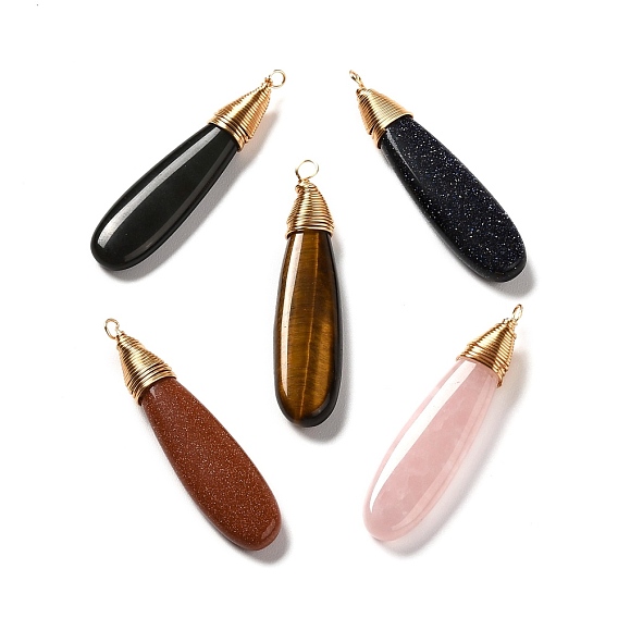 Natural & Synthetic Mixed Stone Pendants, with Real 18K Gold Plated Eco-Friendly Copper Wire, Teardrop