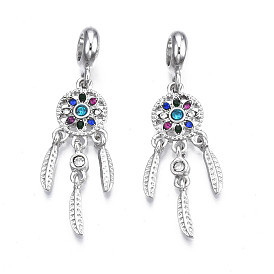 Rack Plating Alloy European Dangle Charms, with Rhinestone, Large Hole Pendants, Cadmium Free & Nickel Free & Lead Free, Platinum, Woven Net/Web with Feather