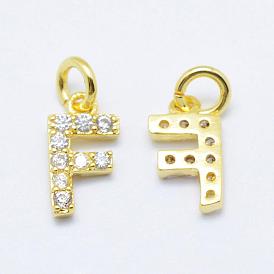 Brass Micro Pave Grade AAA Cubic Zirconia Charms, Letter F, Cadmium Free & Nickel Free & Lead Free