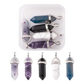 5Pcs 5 Style Natural Mixed Gemstone Pendants, with Platinum Brass Findings, Bullet