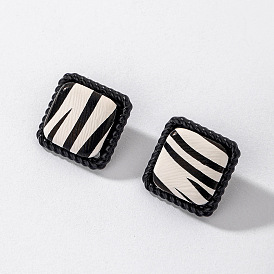 925 Silver Geometric Earrings for Women, Black and White Striped Leather Square Circle Studs with Minimalist Style and Fashionable Design