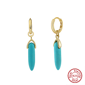 Natural Turquoise Beaded Hoop Earrings, with 925 Sterling Silver Earring Hoop