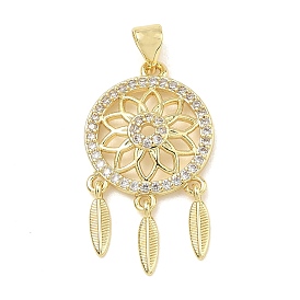 Brass Micro Pave Clear Cubic Zirconia Pendants, Woven Net/Web with Feather Charms, Rack Plating, Long-Lasting Plated, Cadmium Free & Lead Free