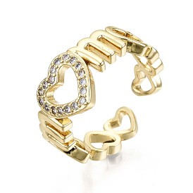 Brass Micro Pave Clear Cubic Zirconia Cuff Rings, Open Rings, Mother's Day Gifts, Nickel Free, Heart with Word Mom