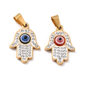 304 Stainless Steel Pendants, with Polymer Clay Rhinestone and Evil Eye Resin Round Beads, 201 Stainless Steel Bails, Hamsa Hnad