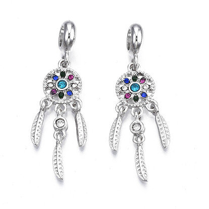Rack Plating Alloy European Dangle Charms, with Rhinestone, Large Hole Pendants, Cadmium Free & Nickel Free & Lead Free, Platinum, Woven Net/Web with Feather