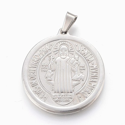 Pendentifs en acier inoxydable, plat rond, Saint-Benoît médaille