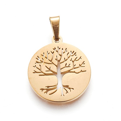 304 Stainless Steel Pendants, Flat Round with Tree