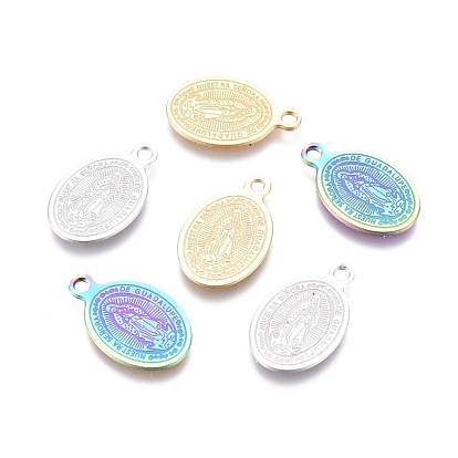 Ion Plating(IP) 304 Stainless Steel Charms, Laser Cut, Oval with Virgin Mary