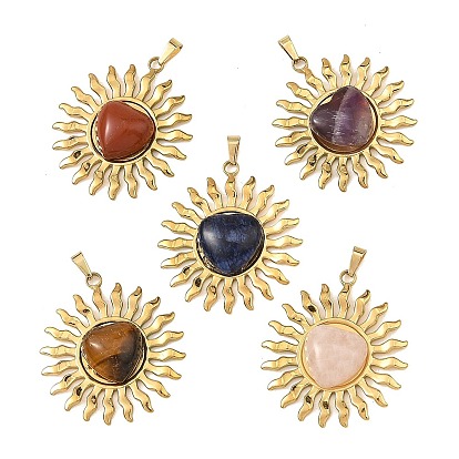Natural Mixed Gemstone Pendants, 304 Stainless Steel Sun Bezeled Charms