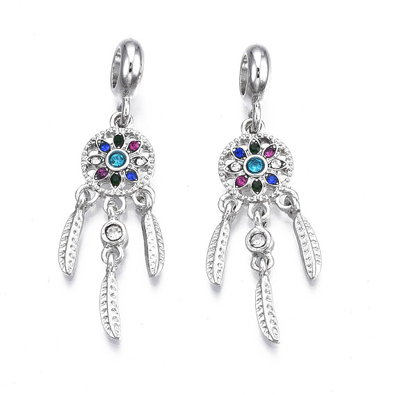 Rack Plating Alloy European Dangle Charms, with Rhinestone, Large Hole Pendants, Cadmium Free & Nickel Free & Lead Free, Platinum, Woven Net/Web with Feather