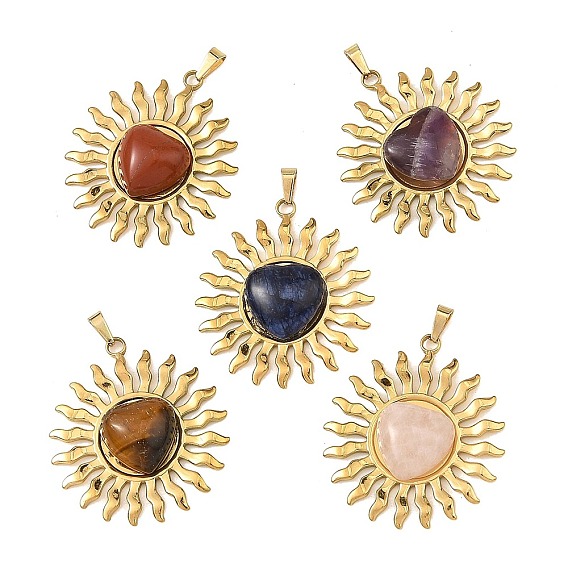 Natural Mixed Gemstone Pendants, 304 Stainless Steel Sun Bezeled Charms