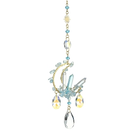 Moon Gemstone Window Hanging Suncatchers, Brass Link & Glass Teardrop Pendants Decorations Ornaments