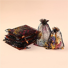 Rectangle Organza Drawstring Bags, Hot Stamping Candy Storage Bags, for Halloween Gift Package