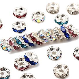 Brass Rhinestone Spacer Beads, Grade A, Wavy Edge, Silver Color Plated, Rondelle
