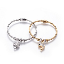 304 Stainless Steel Charms Bangles, with Polymer Clay Rhinestone and Magnetic Clasps, Dolphin