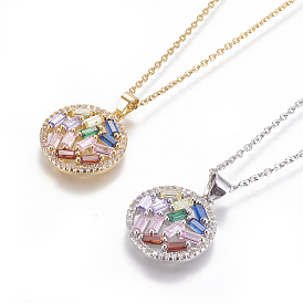 304 Stainless Steel Pendant Necklaces, with Brass Cubic Zirconia Pendants, Flat Round