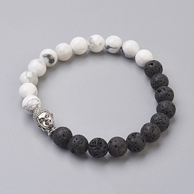 Perles de pierre de lave naturelle et perles de howlite naturelles bracelets extensibles, avec les accessoires en alliage, Bouddha, Emballage en toile de jute, argent antique