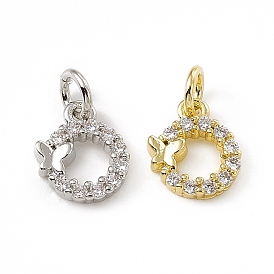 Brass Micro Pave Clear Cubic Zirconia Charms, with Open Jump Rings, Flat Round with Butterfly