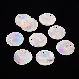  Electroplate Natural Capiz Shell Pendants, AB Color Plated, Flat Round