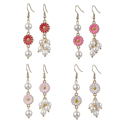 Shell Pearl Dangle Earring, with 304 Stainless Steel Earring Hooks and Zinc Alloy Enamel Sunflower Finding