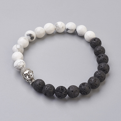 Perles de pierre de lave naturelle et perles de howlite naturelles bracelets extensibles, avec les accessoires en alliage, Bouddha, Emballage en toile de jute, argent antique