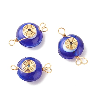 Handmade Lampwork Chandelier Component Links, with Copper Wire Findings, Flat Round with Evil Eye