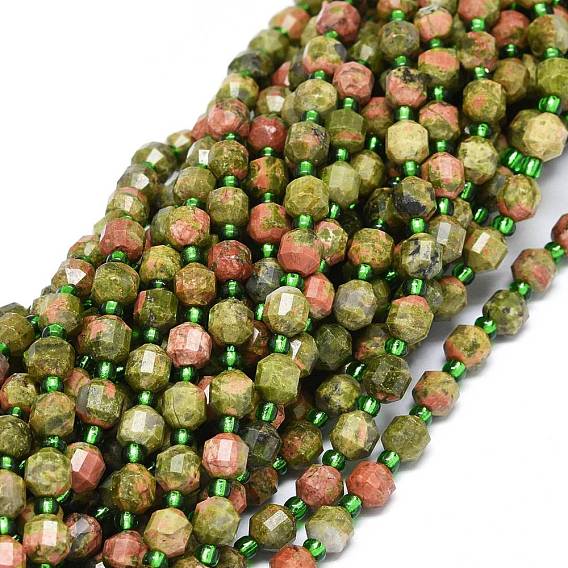 Natural Unakite Beads Strands, with Seed Beads, Faceted, Bicone, Double Terminated Point Prism Beads