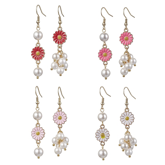 Shell Pearl Dangle Earring, with 304 Stainless Steel Earring Hooks and Zinc Alloy Enamel Sunflower Finding