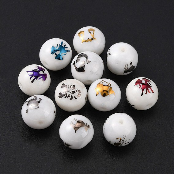 Electroplate Glass Beads, Round with Constellations Pattern