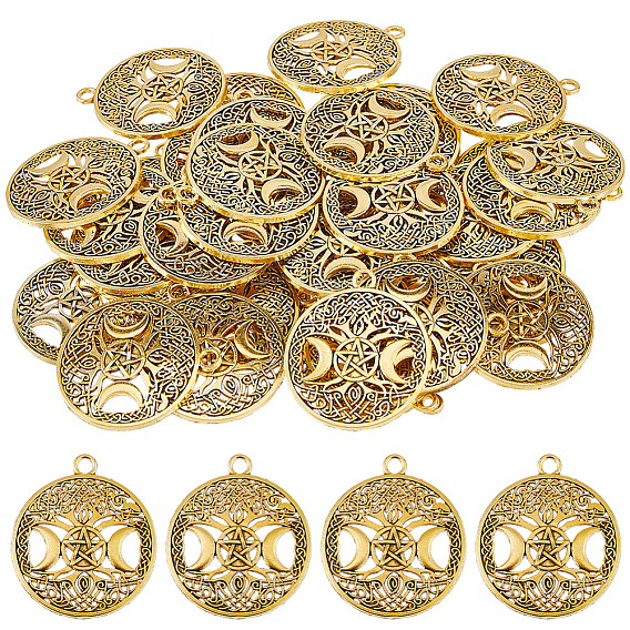 40шт. подвески из полого сплава в тибетском стиле, без свинца и без кадмия, плоский круг с богиней тройной луны, языческие украшения