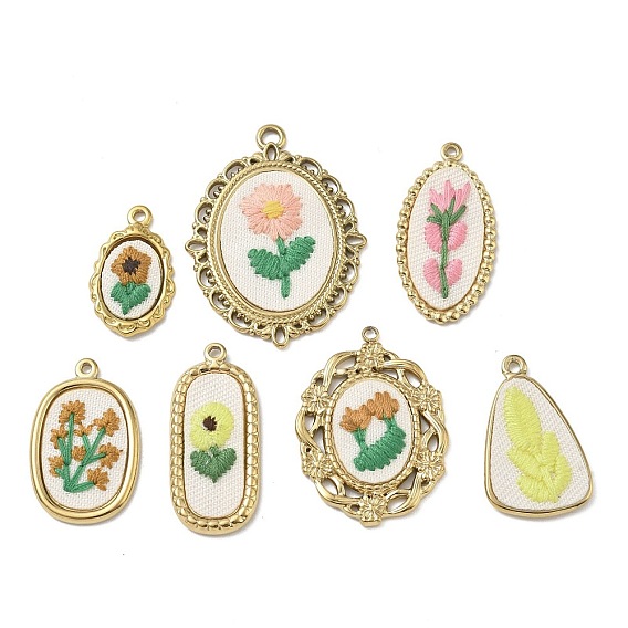 304 Подвески из нержавеющей стали и ткани, вышитые цветочные подвески, золотые