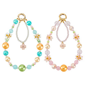 2 шт 2 стили стеклянные и акриловые жемчужные бусины мобильные ремни, с подвеской в виде клевера из сплава и эмали и раздвоенными кольцами для ключей