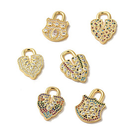 Brass Micro Pave Cubic Zirconia Glass
 Pendants, Real 18K Gold Plated, Lock