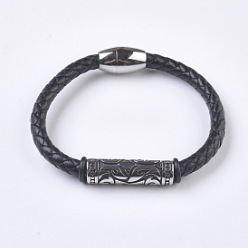 Tressés bracelets cordon en cuir pour hommes, avec 304 accessoires en acier inoxydable et les fermoirs magnétiques, Tube