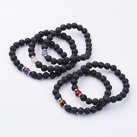 Natural Lava Rock Beaded Stretch Bracelets, with Gemstone Beads and Brass Spacer Beads