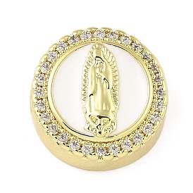 Rack Plating Brass Micro Pave Cubic Zirconia Bead, with Enamel, Long-Lasting Plated, Lead Free & Cadmium Free, Flat Round with Jesus