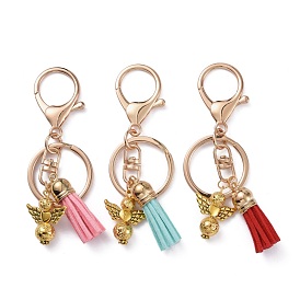 Conclusions de fermoir porte-clés en alliage, avec des anneaux de fer, avec des perles de pierre de lave naturelle, perles angeltee en alliage de style tibétain et pendentif pampille en faux suède, ange