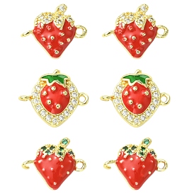 6шт. 3 стили латунные микропаве кубический цирконий фруктовые коннекторы подвески, красные эмалевые клубничные звенья, стойки покрытие, долговечный, без кадмия и без свинца