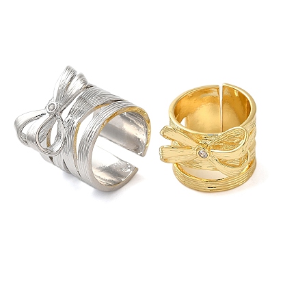 Brass Micro Pave Cubic Zirconia Bowknot Open Cuff Wide Rings for Women