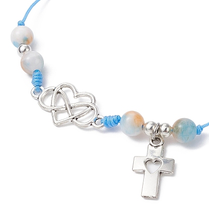 Natural Dyed White Jade Braided Bead Bracelets, Adjustable Heart Alloy Link Bracelets for Women