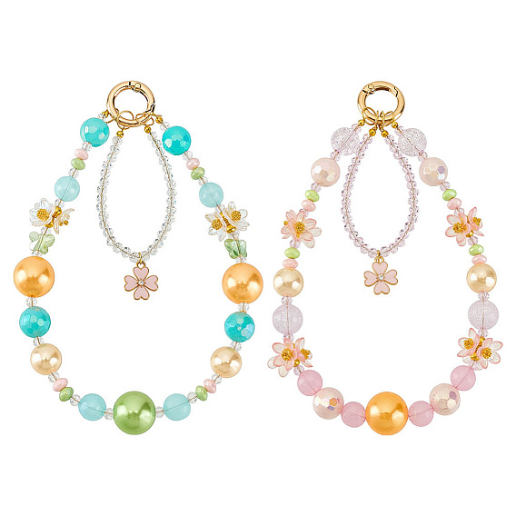 2 шт 2 стили стеклянные и акриловые жемчужные бусины мобильные ремни, с подвеской в виде клевера из сплава и эмали и раздвоенными кольцами для ключей