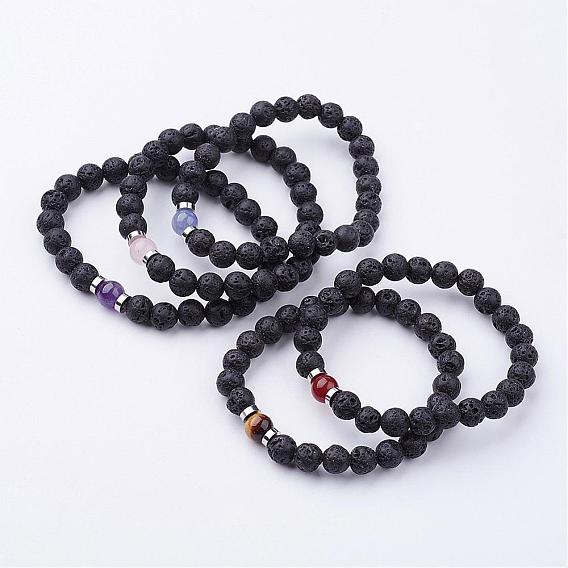 Natural Lava Rock Beaded Stretch Bracelets, with Gemstone Beads and Brass Spacer Beads